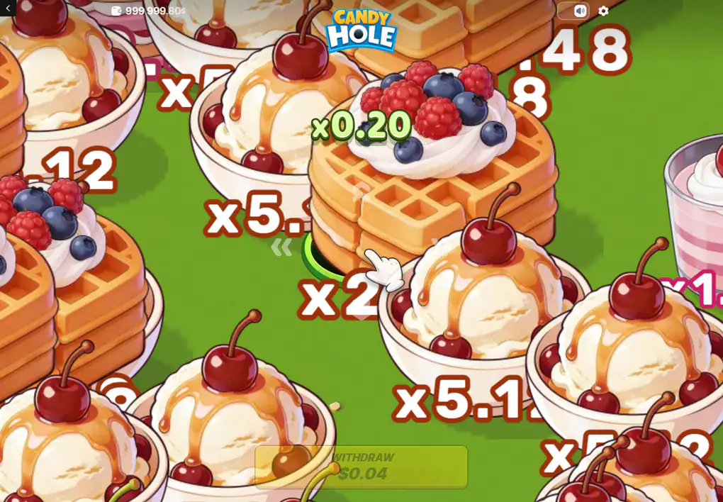 A live round seen close up: outlined coefficients printed over the desserts, a green running number beside the hole, and a muted collect control along the bottom edge.