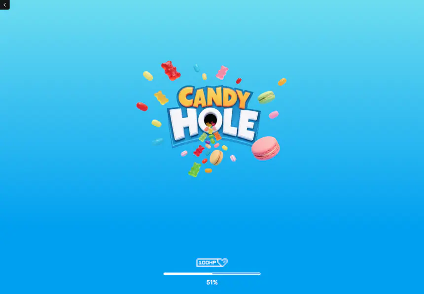 The blue loading view: the game logo among gummy sweets, a small studio wordmark, a progress bar and a percentage.