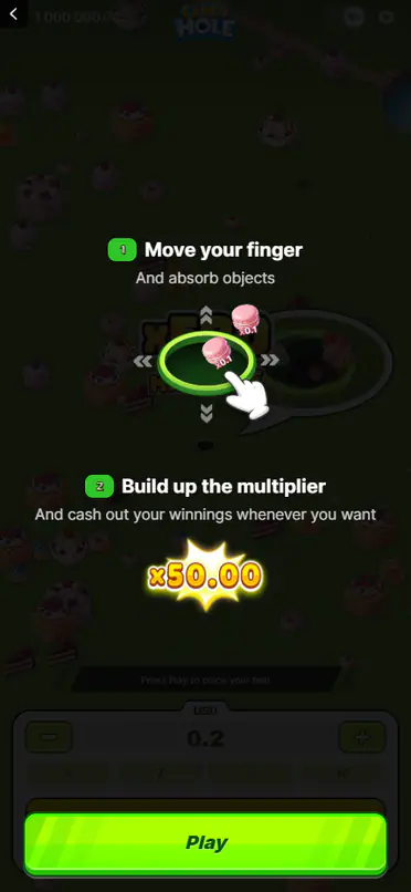 The portrait phone layout with both numbered instructions, a burst showing an example multiplier, the amount panel and a full-width action button.