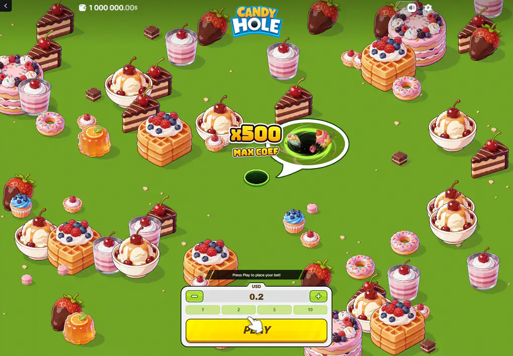 The pre-round screen: a green field of cakes and waffles, a speech bubble reading x500 MAX COEF, and a stake panel with a currency label above the amount.
